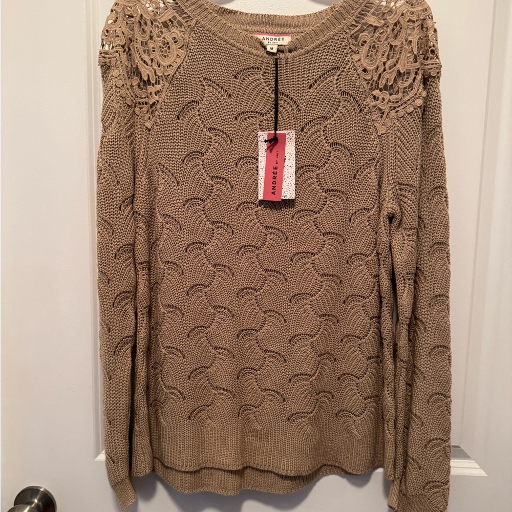 Beige Knit Sweater with Lace Details